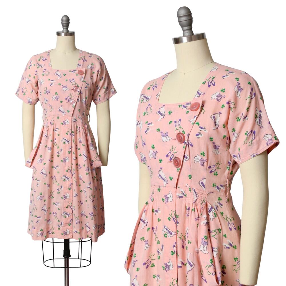 Vintage 1930s 1940s Day Dress 30s 40s Shoe Novelty Print Pink Cotton Shirtwaist